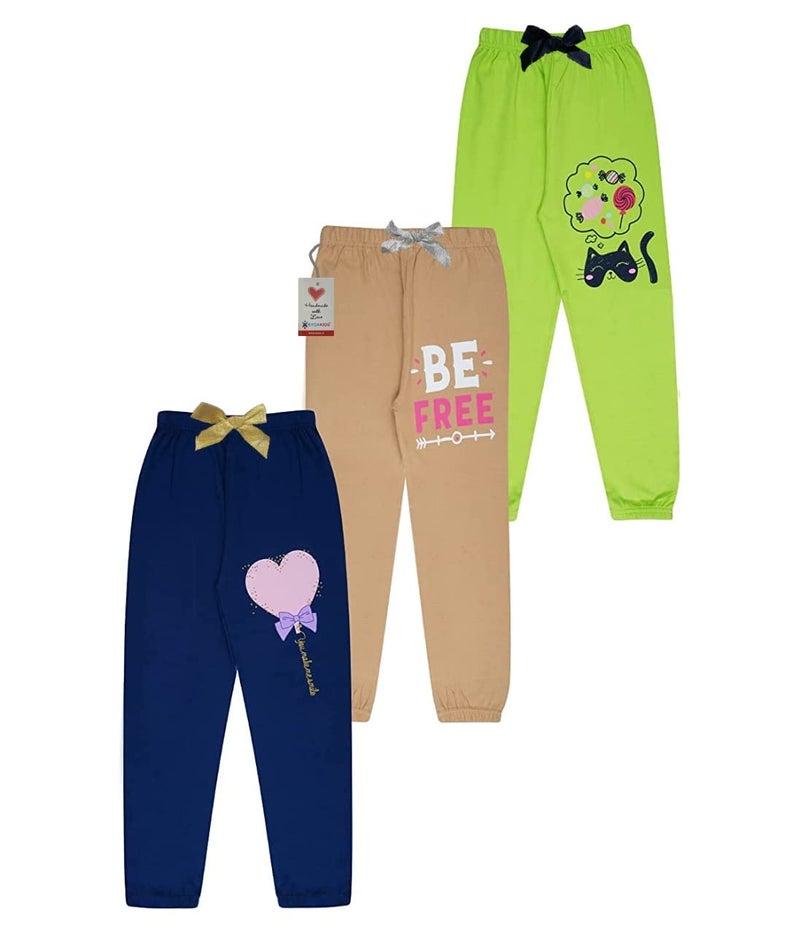 KYDA KIDS® 100% Girls Cotton Printed Track Pants (Pack of 3) Multicolour - Image 1
