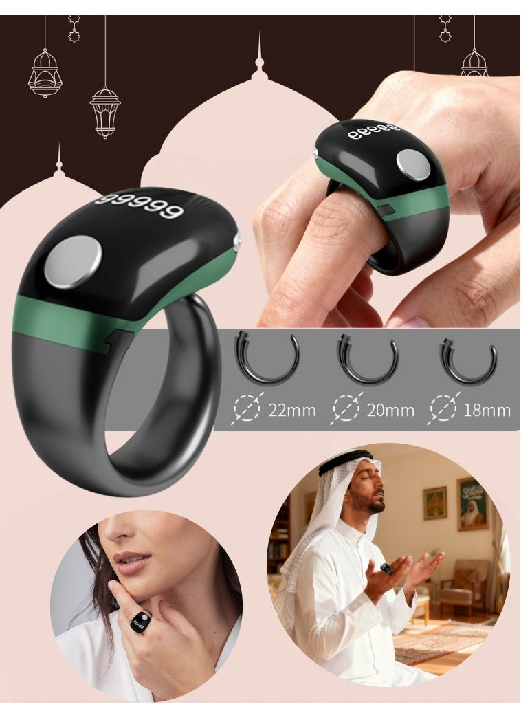 Tasbih Zikr Smart Ring, Adjustable Counter,  With Replaceable ring Sizes (/18/20/22/mm), Digital Counter Prayer Reminder Ring, Waterproof OLED Display Counter Zikr Ring,  Tasbeeh counter for Muslims（Green） - Image 2