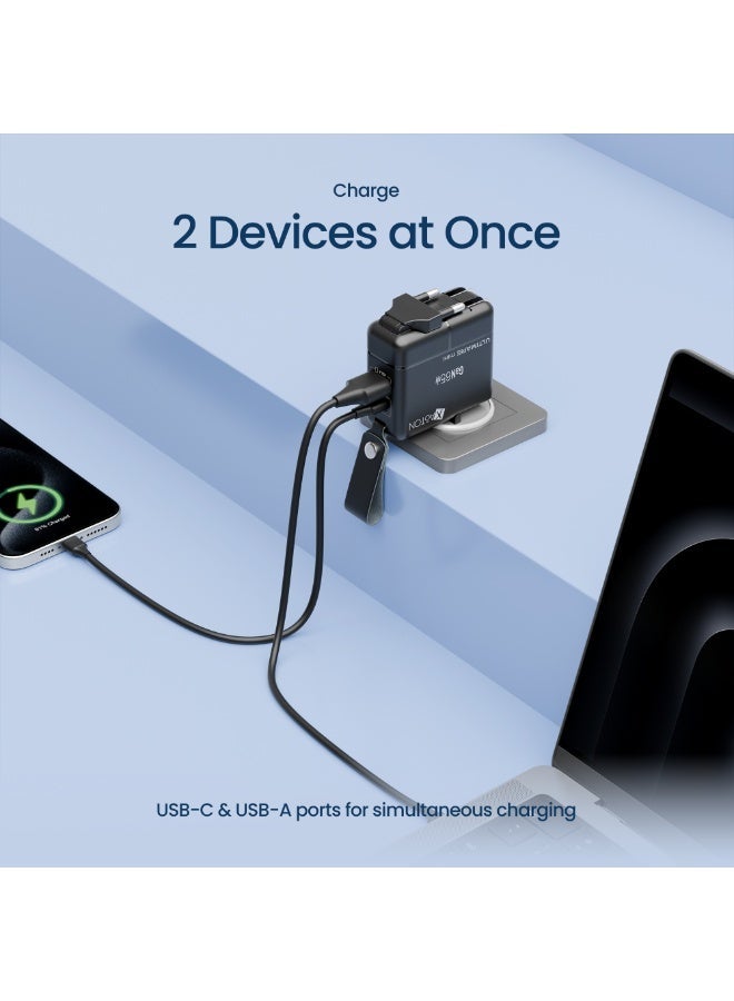 اكساستون محول السفر العالمي XASTON 65W GaN مع USB-C وUSB-A، شاحن حائط سريع الشحن لأجهزة الكمبيوتر المحمول، iPhone، Android، MacBook، قابس دولي مدمج مزدوج المنفذ (الولايات المتحدة والمملكة المتحدة والاتحاد الأوروبي والاتحاد الأفريقي) - Image 5