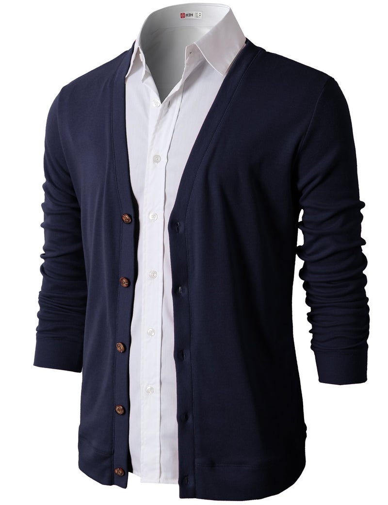 H2H Mens Fashion Thin Button V Neck Cotton Cardigan Navy US M/Asia L (CMOCAL012) - Image 3