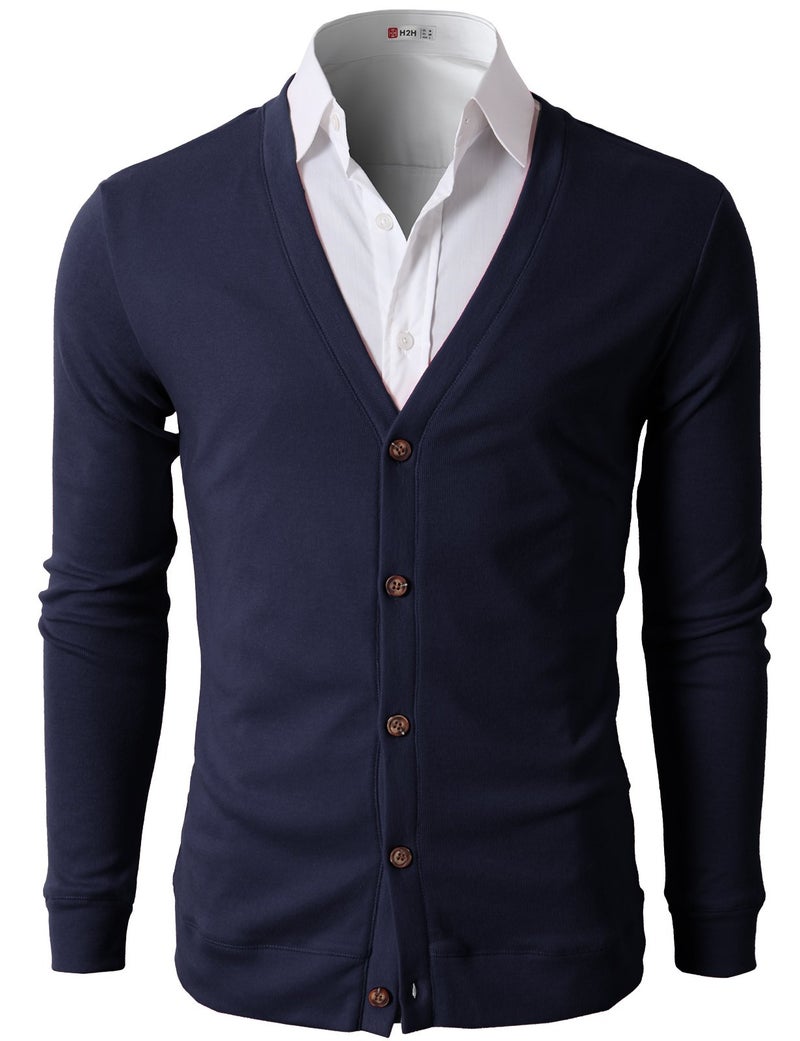 H2H Mens Fashion Thin Button V Neck Cotton Cardigan Navy US M/Asia L (CMOCAL012) - Image 2
