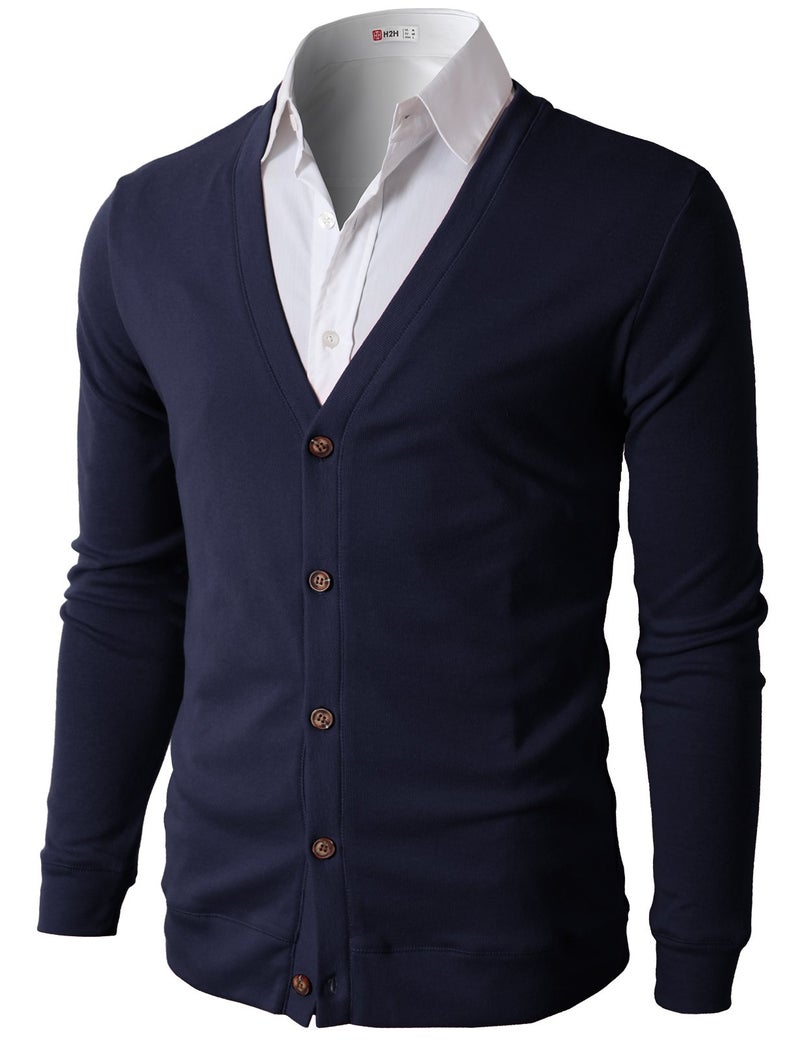 H2H Mens Fashion Thin Button V Neck Cotton Cardigan Navy US M/Asia L (CMOCAL012) - Image 1