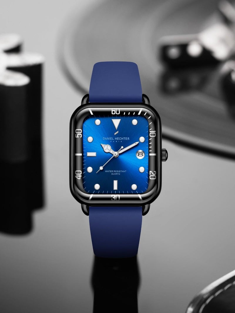 Daniel Hechter Paris Montmartre Collection Square Dial Watch for Men with Stylish Silicone Strap, Water Resistant & Quartz Movement-DHM1011 (Blue) - Image 3