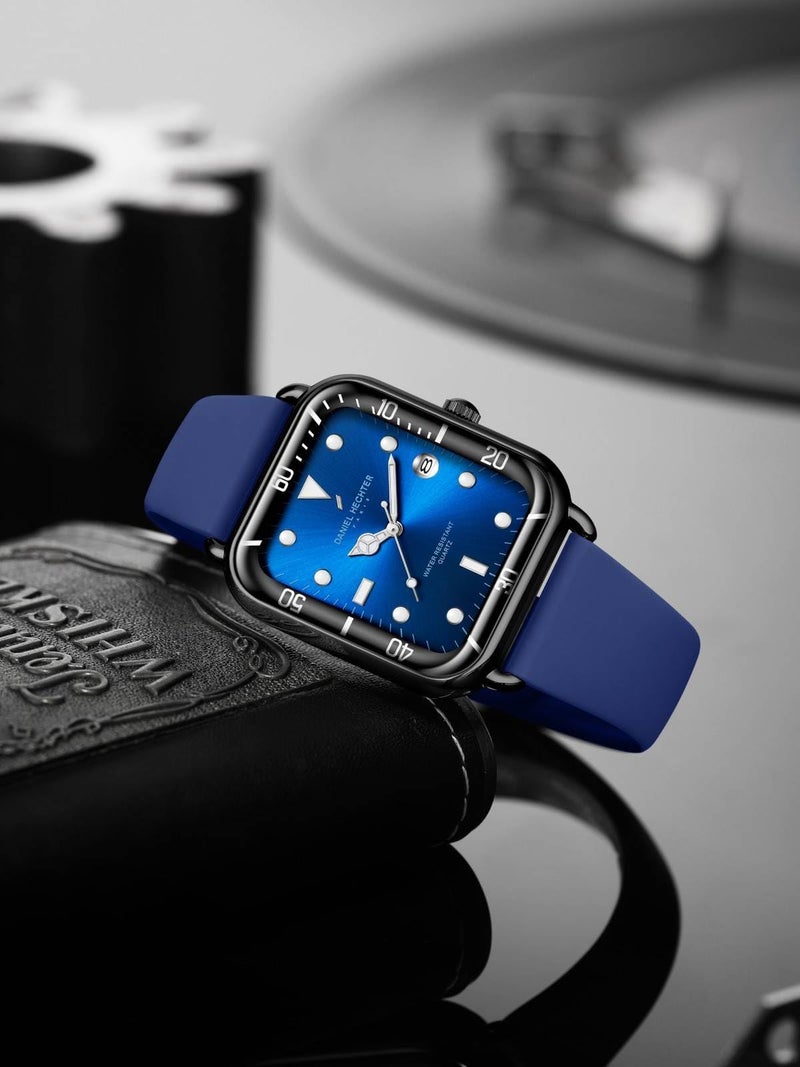 Daniel Hechter Paris Montmartre Collection Square Dial Watch for Men with Stylish Silicone Strap, Water Resistant & Quartz Movement-DHM1011 (Blue) - Image 4
