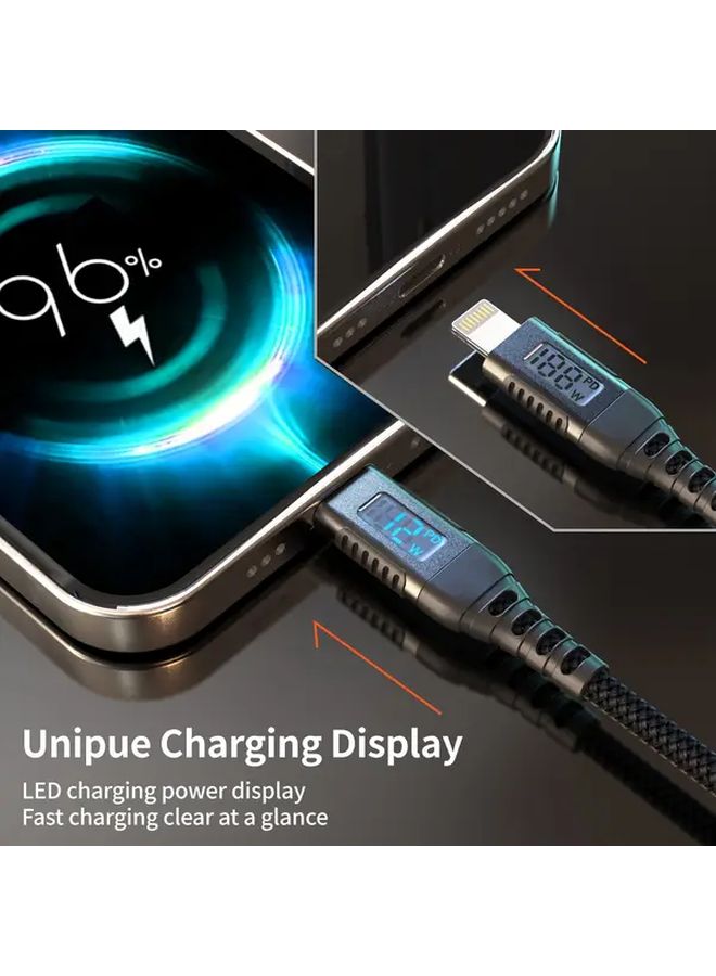 كابل شحن سريع أسود بطول 3 أمتار (10 أقدام)، من USB A إلى Lightning، مع شاشة LED لهواتف iPhone. - Image 5