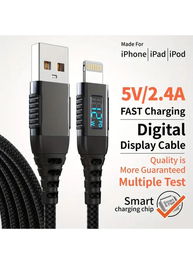 كابل شحن سريع أسود بطول 3 أمتار (10 أقدام)، من USB A إلى Lightning، مع شاشة LED لهواتف iPhone. - Image 1