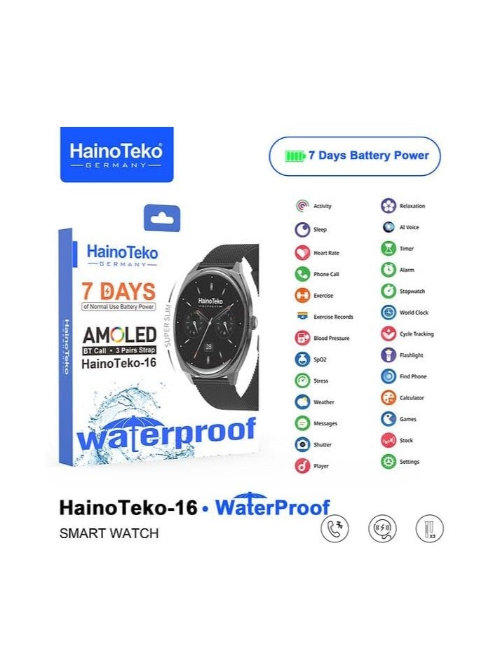 هينو تيكو ساعة ذكية هاينوتيكو-16 رفيعة للغاية ومقاومة للماء من هاينوتيكو بشاشة اموليد لاجراء المكالمات عبر البلوتوث، 3 ازواج من الاساور وكيبل شحن مصممة للنساء والرجال متعددة الالوان - Image 1