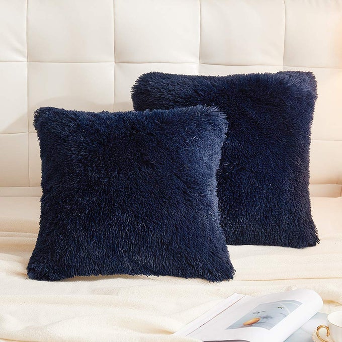 2 PACK FLUFFY FAUX FUR PILLOW SHAMS18 X 18 INCHES THROW PILLOW COVERSLUXURY DECORATIVE FURRY PILLOWCASES CUSHION COVER FOR CHRISTMASZIPPER CLOSURENO PILLOW INSERT NAVY