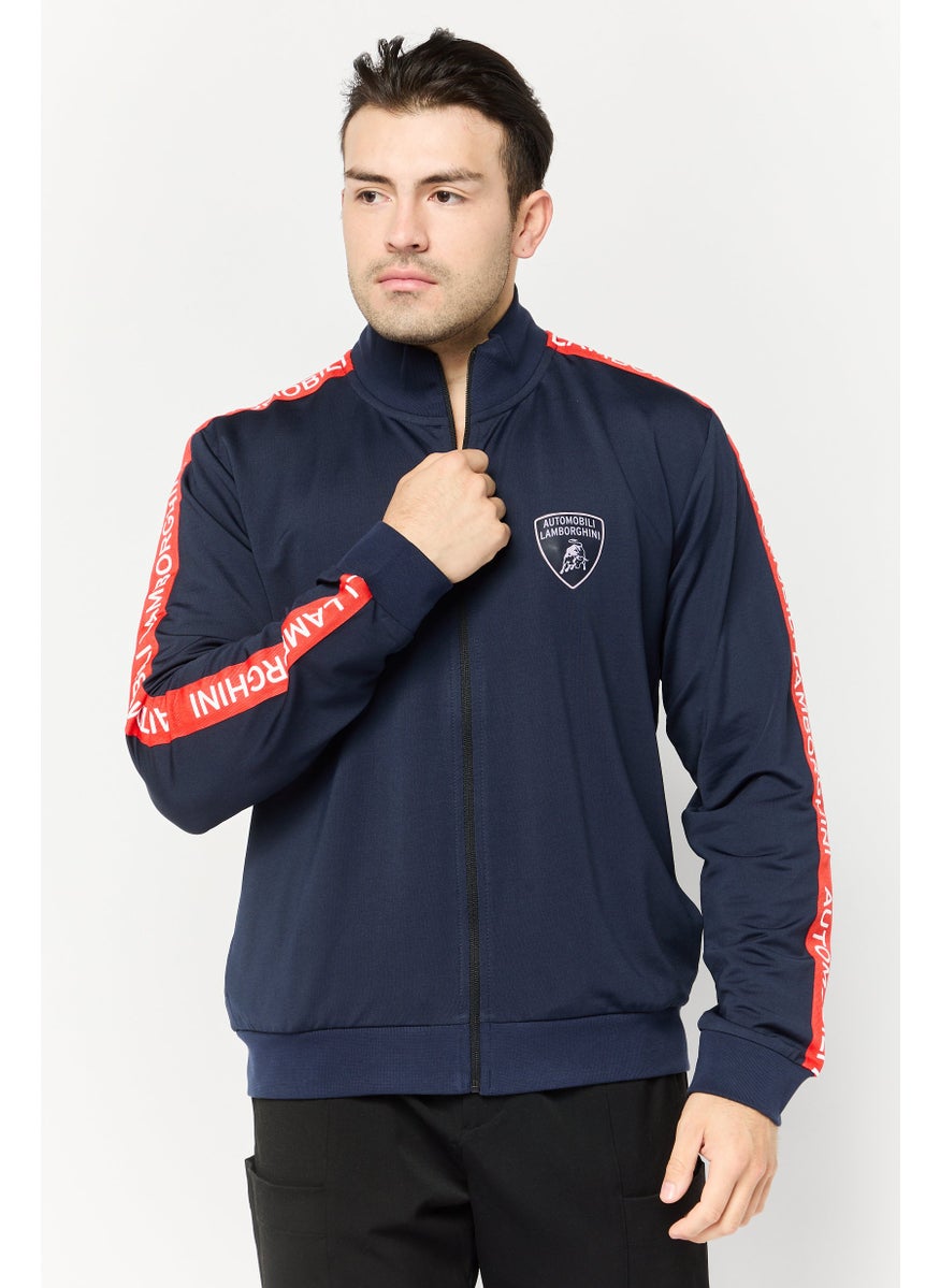 LAMBORGHINI Men Mock Neck Brand Logo Full Zip Sweatshirt, Navy  - Image 1