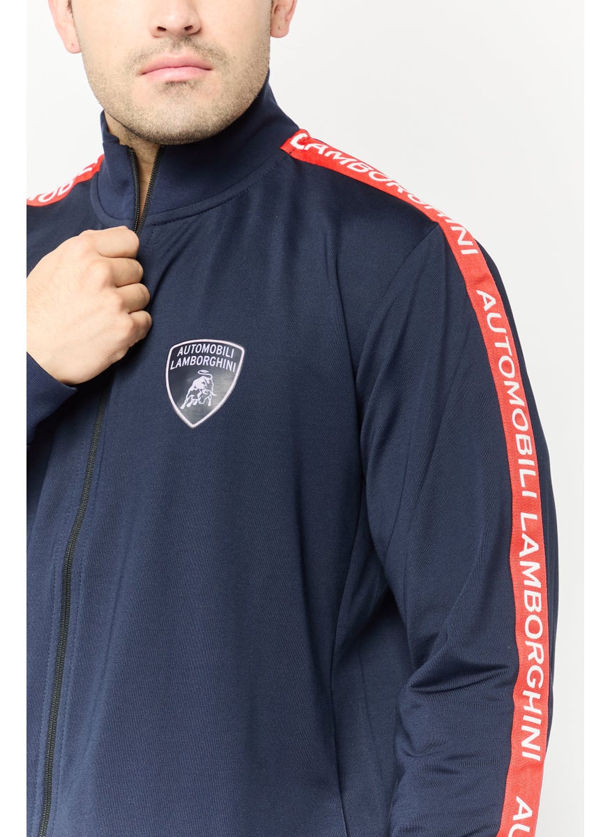 LAMBORGHINI Men Mock Neck Brand Logo Full Zip Sweatshirt, Navy  - Image 3