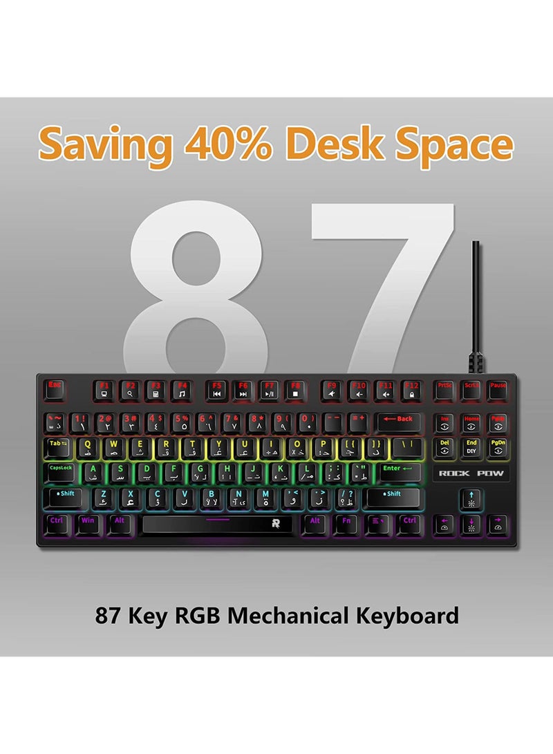 English Arabic Mechanical Gaming Keyboard with RGB LED Rainbow Backlit Quick Response USB Wired E-sport Waterproof 87 Keys Keyboard for Windows/MacOS/Android PC Gamers - Image 5
