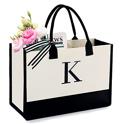 BeeGreen Monogram Canvas Tote Bag Initial Embroidery Personalized Gifts Bags for Birthday Beach Work Wedding Gift Basket for Women Teacher Mom Friend Coworkers Sister Nurse Cute Totes Cool (Letter K) - Image 1