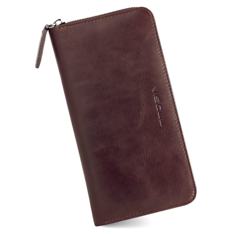 VISOUL Leather Long Zipper Pouch Wallet for Men and Women with RFID Blocking Large Clutch Cash Long Wallet with Zipper Coffee