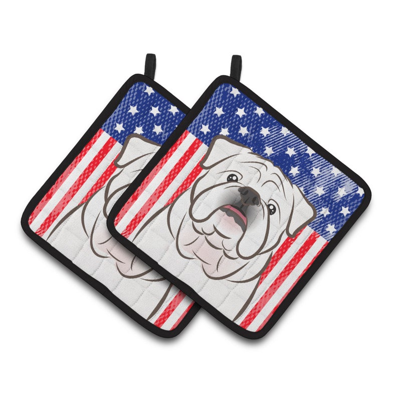 Caroline's Treasures ""Caroline's Treasures American Flag & White English Bulldog Pair of Pot Holders BB2150PTHD  7.5HX7.5W  Multicolor""