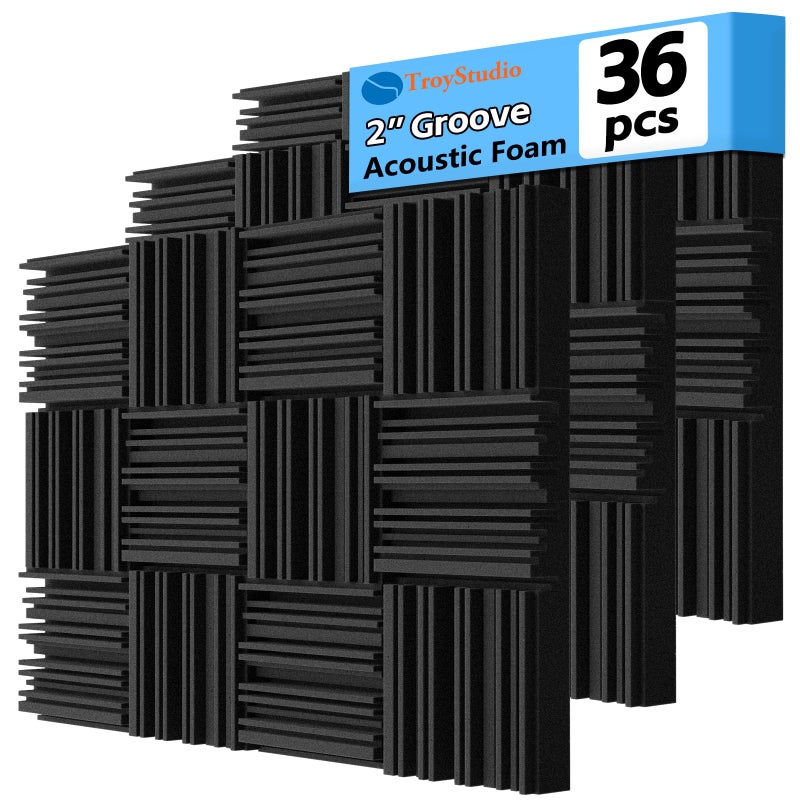 TroyStudio Thick Acoustic Foam Panels, 12 X 12 X 2 Inch 36 Pcs Broadband Sound Absorbing Foam, Dense Soundproof Padding Tile, Recording Studio Foam Absorber, Groove Decorative 3D Wall Ceiling Panel - Image 1