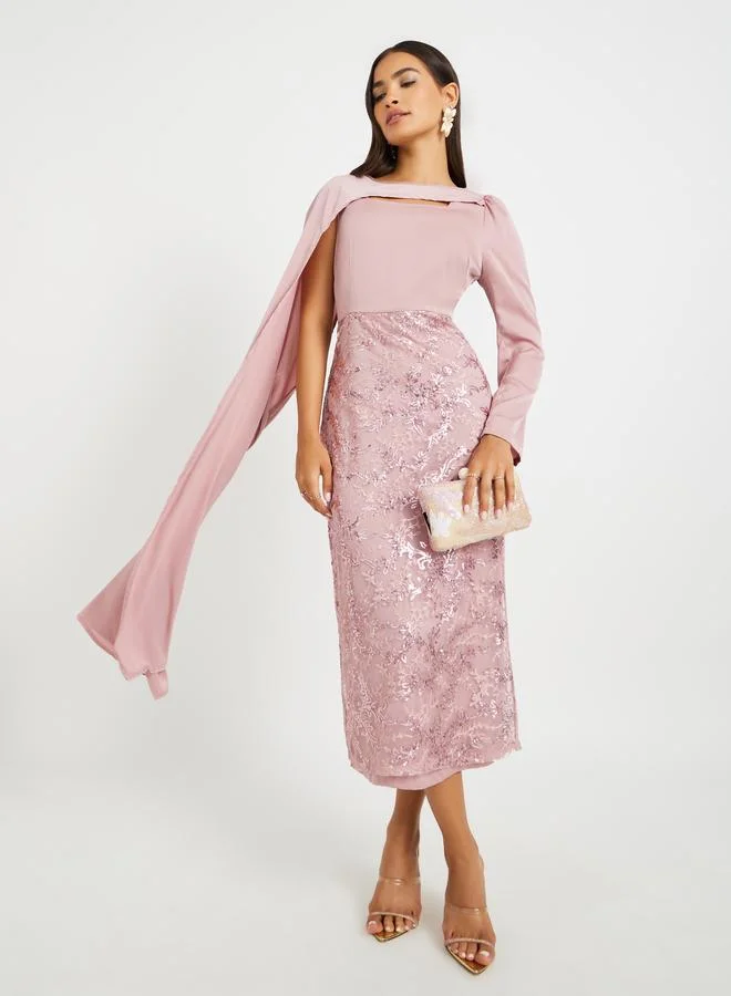 Take Two Take Two Embellished One Cape Sleeve Bodycon Midi Dress
