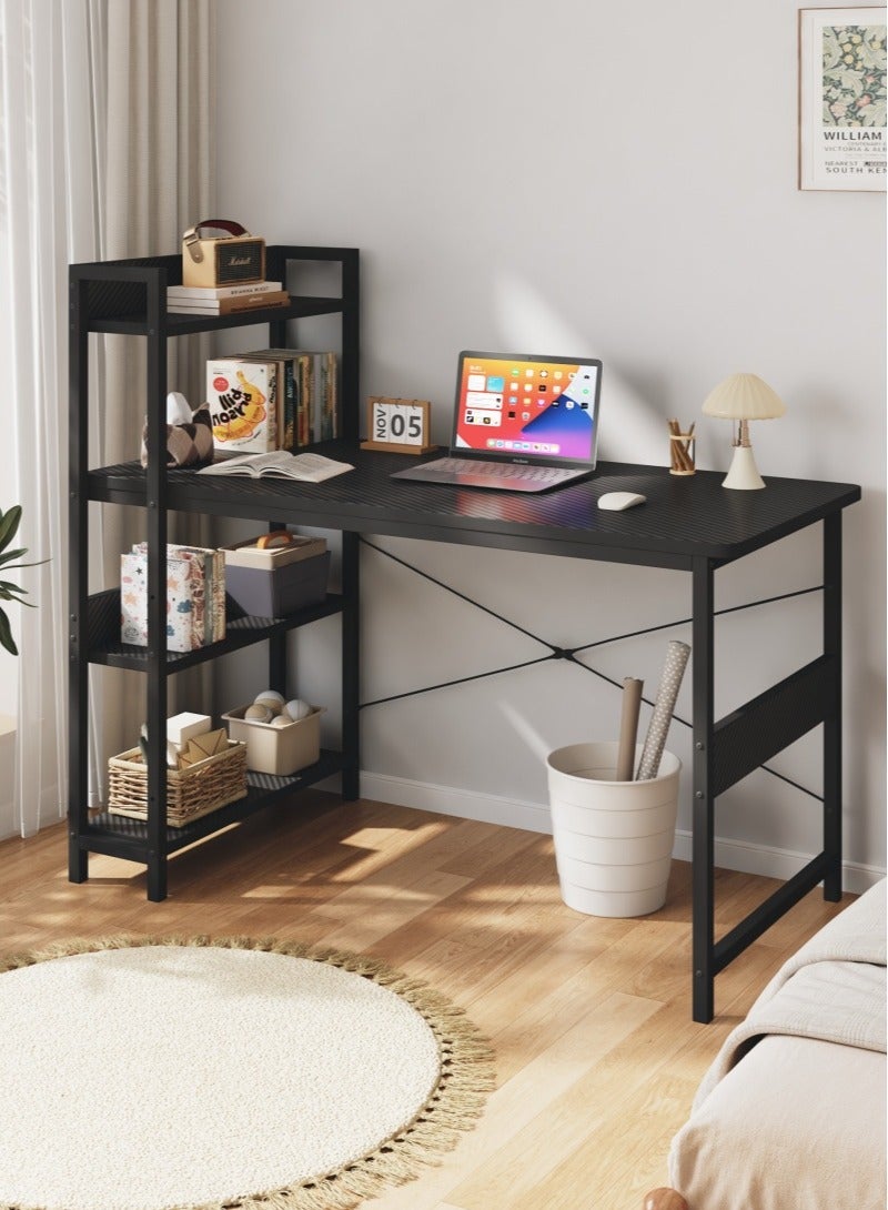 Zanotta Office Table Office Desk with Multi-Tier Bookshelf, Gaming Table Computer Desk with Carbon Fiber Desktop | X-Brace Support & Large Workstation for Home Office (Black） - Image 1