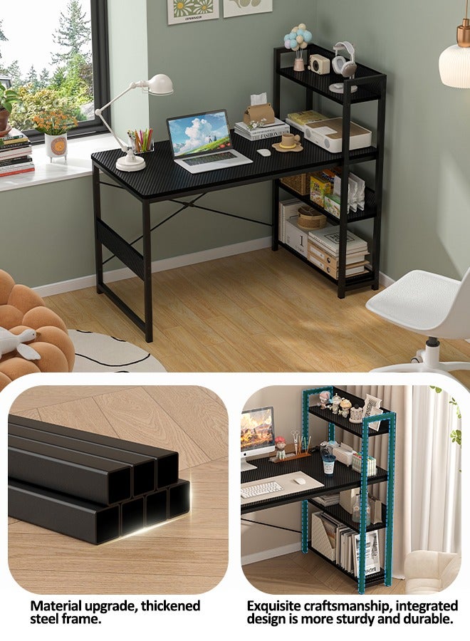 Zanotta Office Table Office Desk with Multi-Tier Bookshelf, Gaming Table Computer Desk with Carbon Fiber Desktop | X-Brace Support & Large Workstation for Home Office (Black） - Image 4