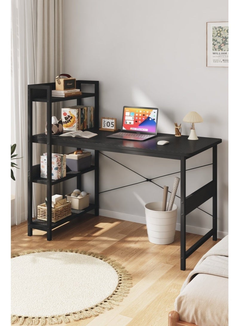 Zanotta Office Table Office Desk with Multi-Tier Bookshelf, Gaming Table Computer Desk with Carbon Fiber Desktop | X-Brace Support & Large Workstation for Home Office (Black） - Image 1