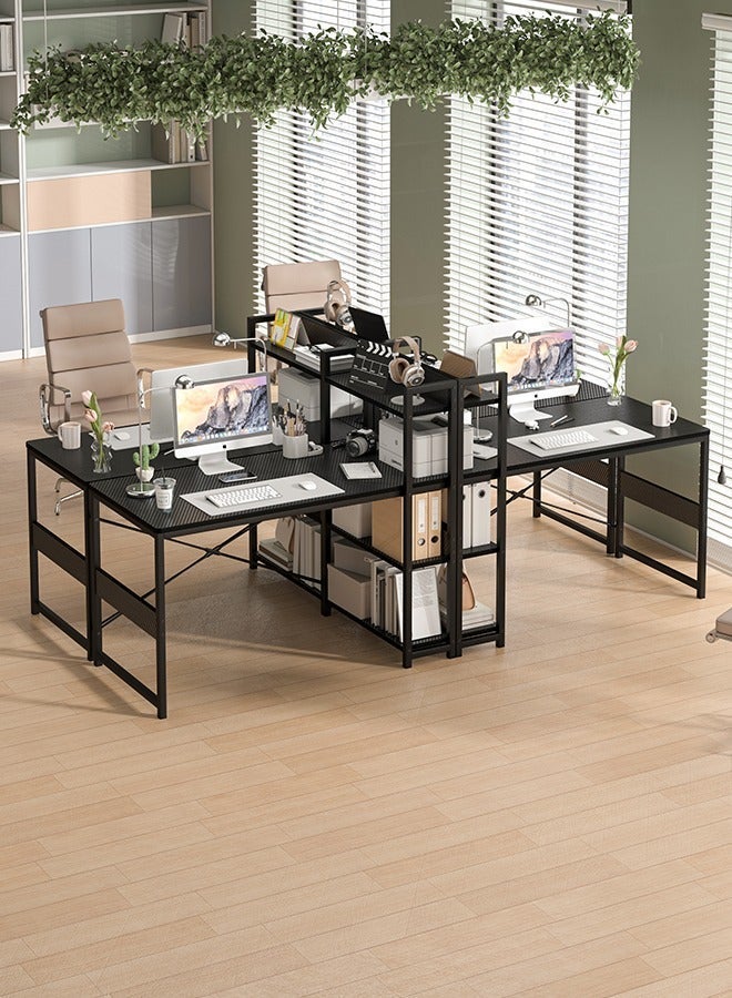 Zanotta Office Table Office Desk with Multi-Tier Bookshelf, Gaming Table Computer Desk with Carbon Fiber Desktop | X-Brace Support & Large Workstation for Home Office (Black） - Image 2
