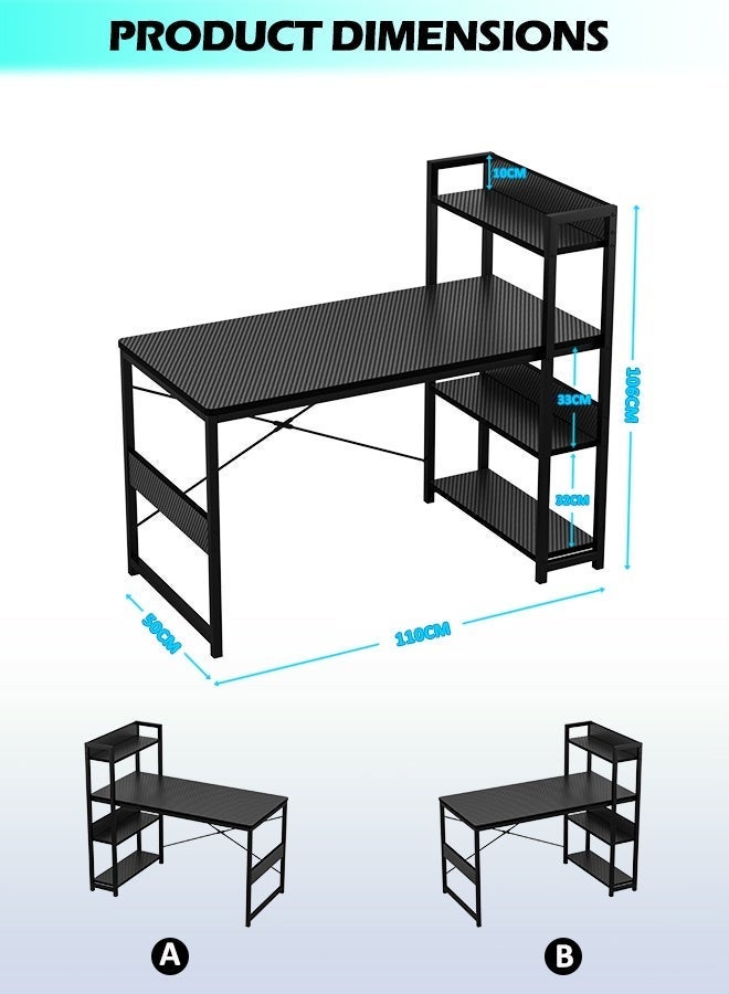 Zanotta Office Table Office Desk with Multi-Tier Bookshelf, Gaming Table Computer Desk with Carbon Fiber Desktop | X-Brace Support & Large Workstation for Home Office (Black） - Image 5