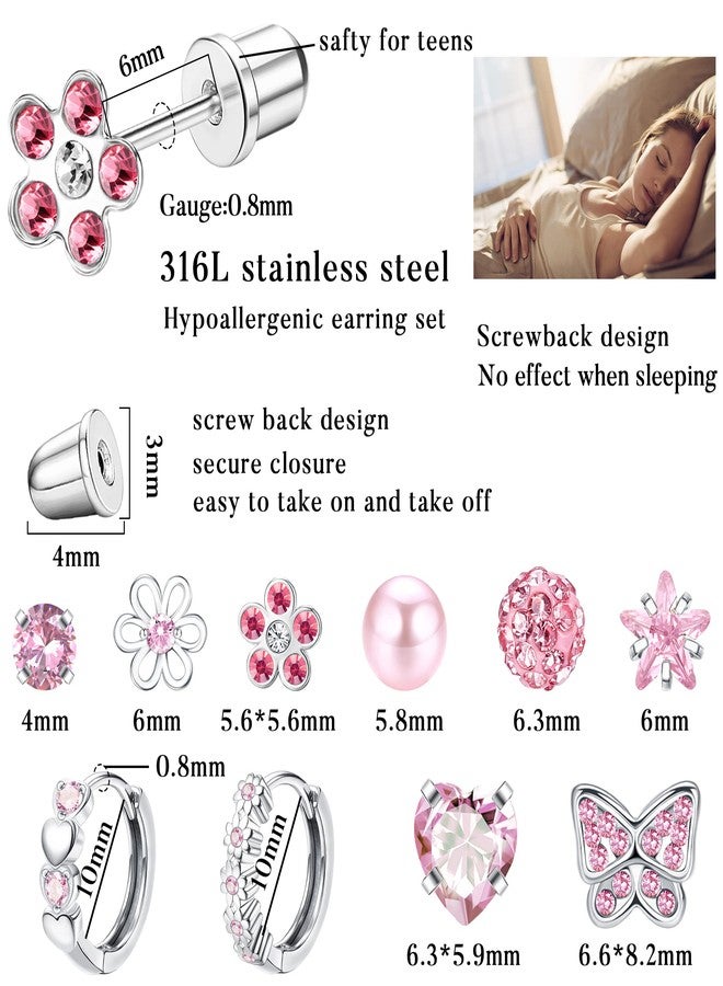 SAILIMUE 10 Pairs Hypoallergenic Screw Back Earrings for Women Girls 316L Stainless Steel Heart CZ Flower Butterfly Screwback Stud Earring Cute Hoop Earring Set Age:Over 3 years old - Image 2