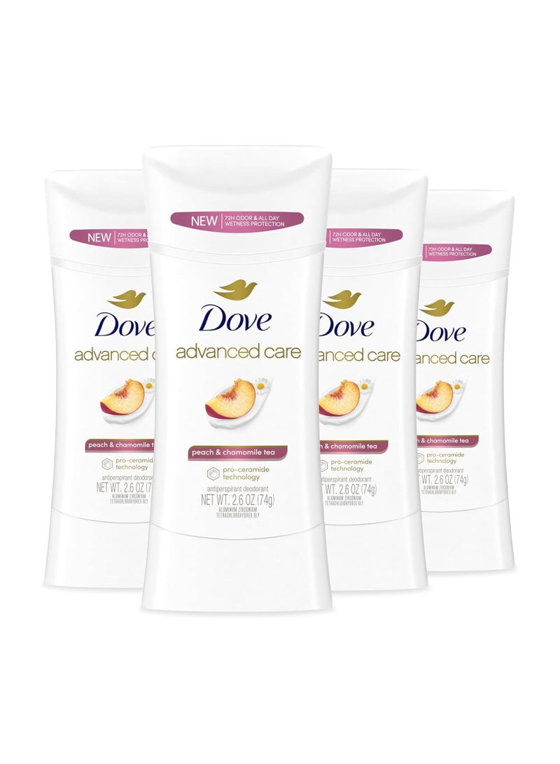 دوف مزيل عرق دوف أدفانسد كير برائحة الخوخ وشاي البابونج، 4 قطع للمساعدة في إصلاح حاجز بشرتك بعد الحلاقة، والتحكم في الرائحة لمدة 72 ساعة وحماية من العرق طوال اليوم، 2.6 أونصة