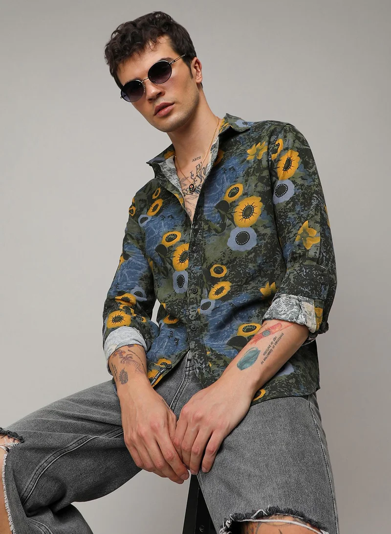 Campus Sutra Men's Multicolour Botanical Abstract Shirt