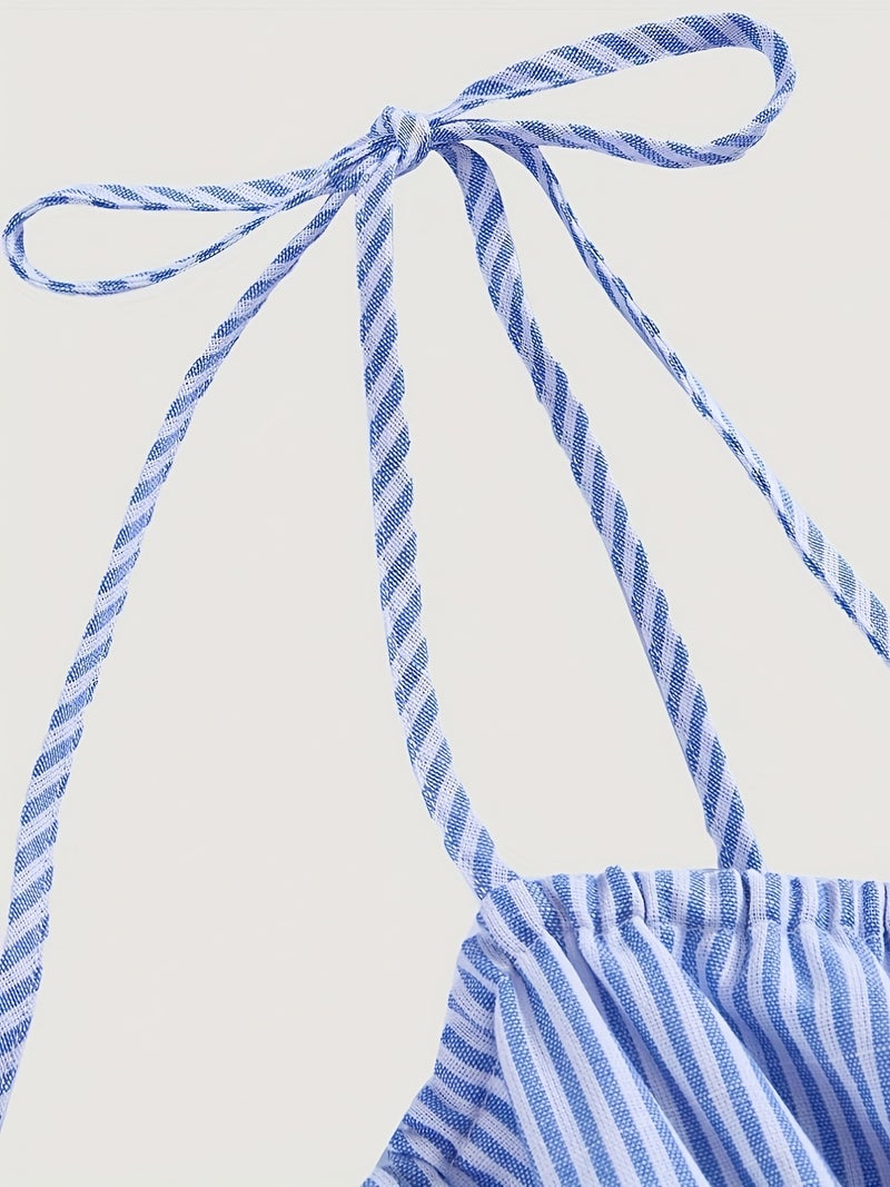Women's Square Neck Striped Knot And High-Waist Striped Shorts, Spring Outfit Match - Image 4