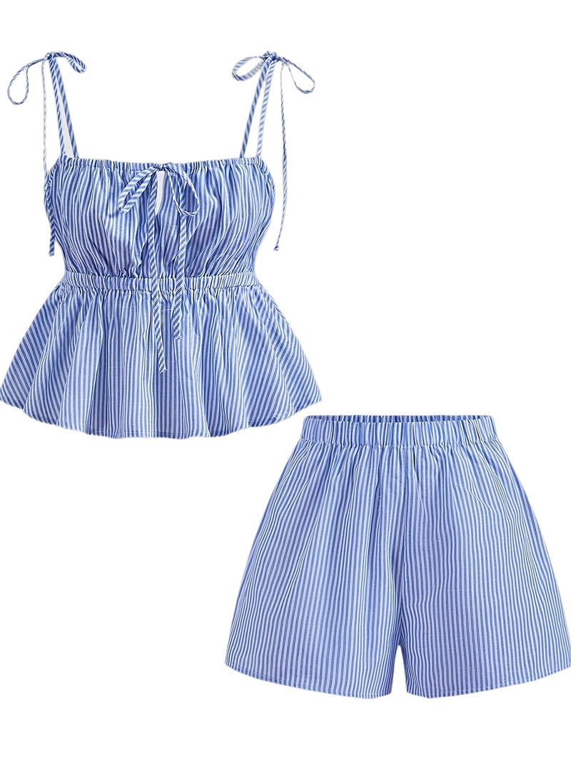 Women's Square Neck Striped Knot And High-Waist Striped Shorts, Spring Outfit Match - Image 1