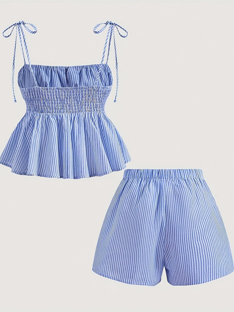 Women's Square Neck Striped Knot And High-Waist Striped Shorts, Spring Outfit Match - Image 3