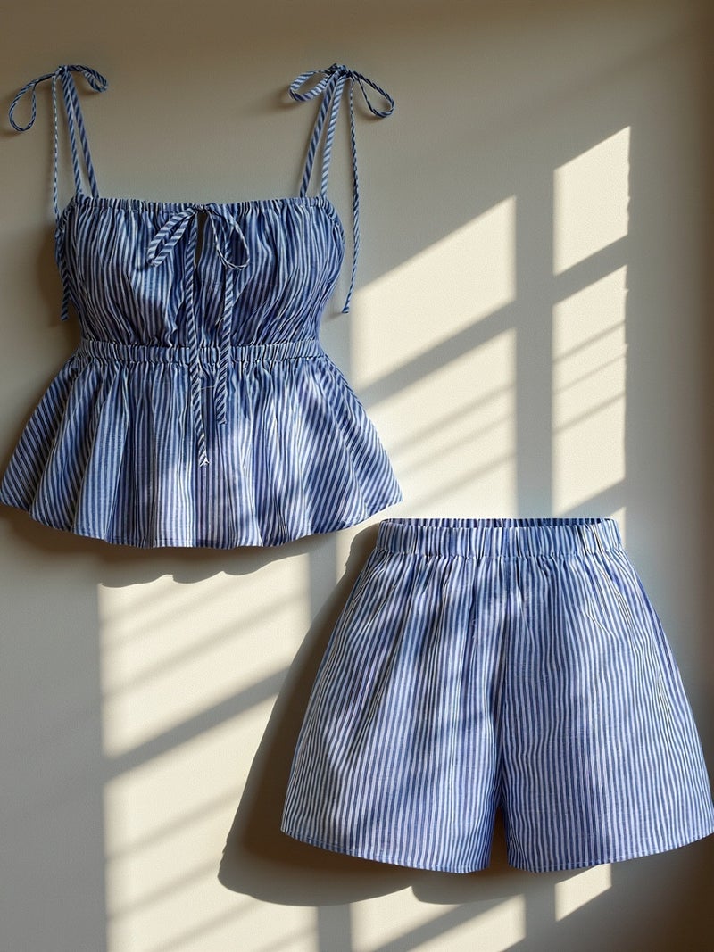 Women's Square Neck Striped Knot And High-Waist Striped Shorts, Spring Outfit Match - Image 2