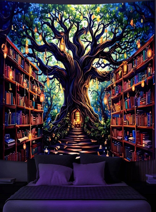 Simpkeely Magical Tree of Life Tapestry - Gothic Bookshelves Fairy Light Tapestry Wall Hanging Glowing Fantasy Blacklight Wall Art for Bedroom - 51.2" x 59.1" - Image 1