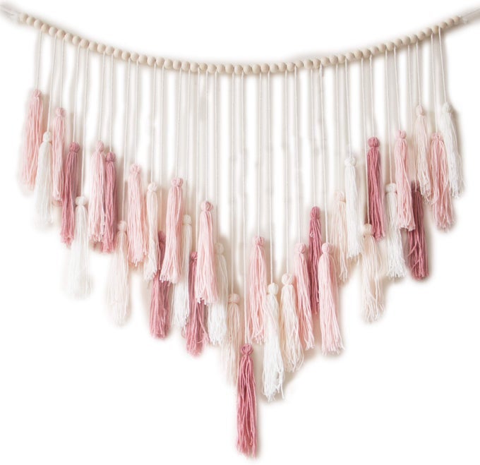 MACRAME WALL HANGING LARGE WITH WOOD BEADS BOHEMIAN DECOR FOR BEDROOM LIVING ROOM AND KITCHEN WARM BLUSH PINK 35 X 36