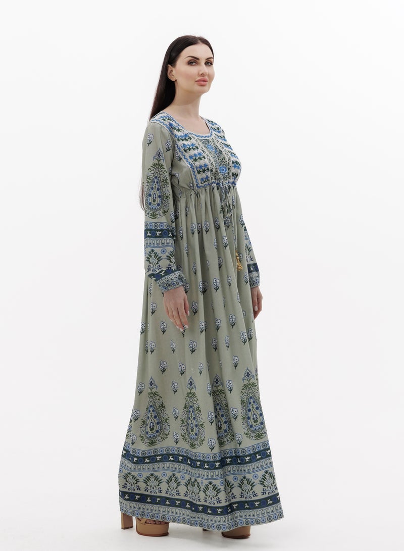 HANA & SARA LONG PRINTED AND NECK EMBROIDERED STYLISH ARABIC KAFTAN JALABIYA DRESSES  - Image 4