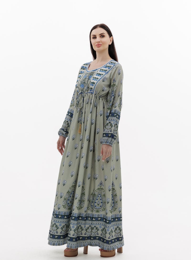HANA & SARA LONG PRINTED AND NECK EMBROIDERED STYLISH ARABIC KAFTAN JALABIYA DRESSES  - Image 5