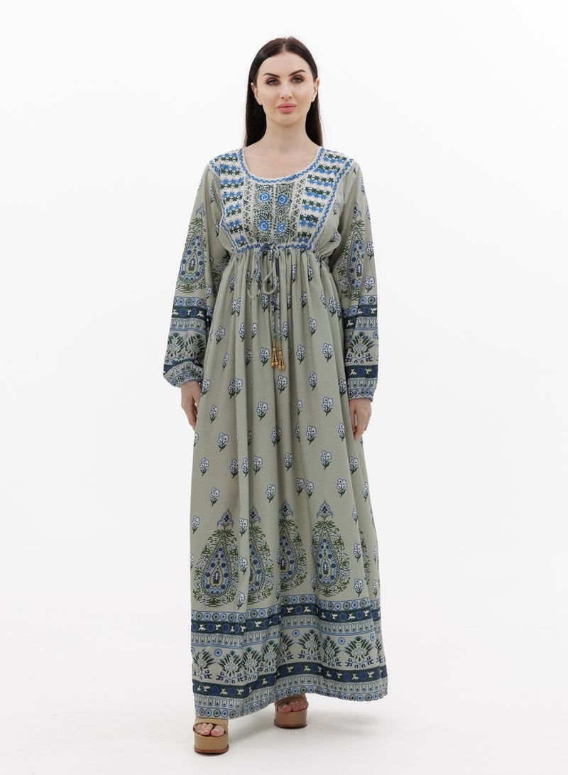 HANA & SARA LONG PRINTED AND NECK EMBROIDERED STYLISH ARABIC KAFTAN JALABIYA DRESSES  - Image 1