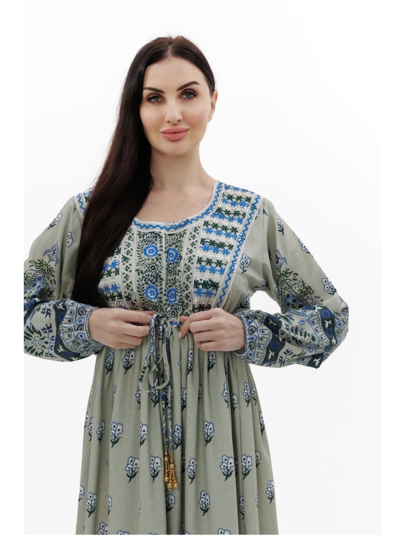 HANA & SARA LONG PRINTED AND NECK EMBROIDERED STYLISH ARABIC KAFTAN JALABIYA DRESSES  - Image 3