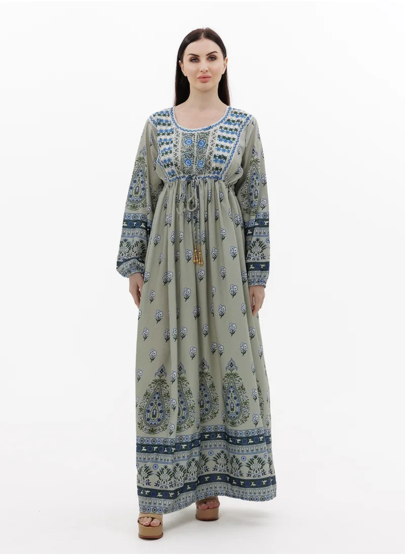 HANA & SARA LONG PRINTED AND NECK EMBROIDERED STYLISH ARABIC KAFTAN JALABIYA DRESSES