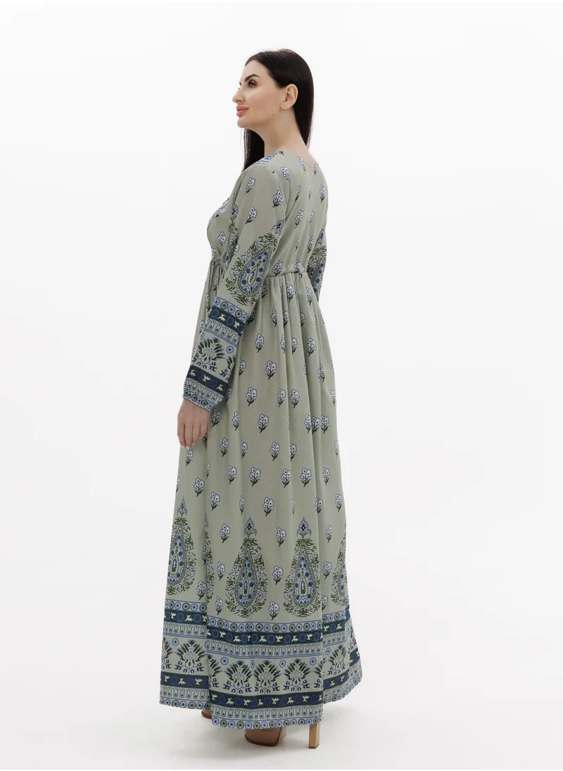 HANA & SARA LONG PRINTED AND NECK EMBROIDERED STYLISH ARABIC KAFTAN JALABIYA DRESSES