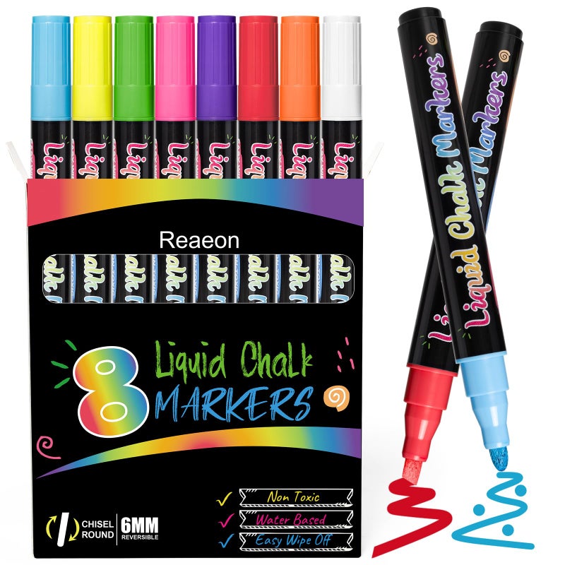 Reaeon Chalk Markers Vibrant Color Liquid Chalk Pens for Chalkboard Blackboard Window Glass Mirror WaterBased NonToxic 6mm Reversible Tip 8 Pack