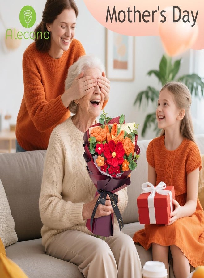 Alecono Crochet Flower Bouquet, Knitted Flowers, Orange and Burgundy Handmade Roses for Lover Birthday Party Mother's Day Graduation Gifts (Include Card) - Image 5