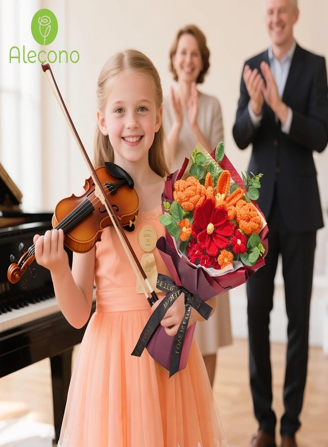 Alecono Crochet Flower Bouquet, Knitted Flowers, Orange and Burgundy Handmade Roses for Lover Birthday Party Mother's Day Graduation Gifts (Include Card) - Image 3