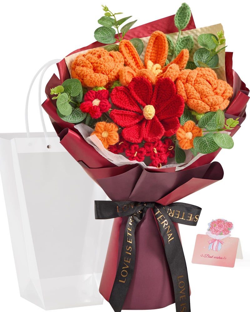 Alecono Crochet Flower Bouquet, Knitted Flowers, Orange and Burgundy Handmade Roses for Lover Birthday Party Mother's Day Graduation Gifts (Include Card) - Image 1