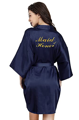 EPLAZA Bride Bridesmaid Robes for Wedding Bridal Party Women Short Solid Color Silky Satin Robe Kimono with Gold Glitters (Navy, Maid of Honor) - Image 1