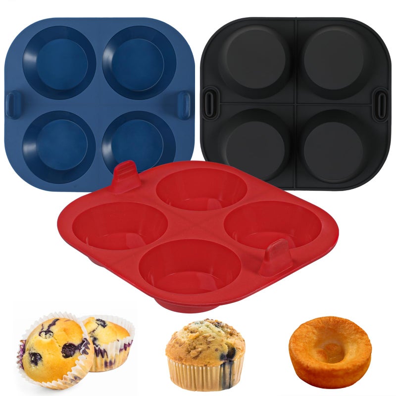 Webake Silicone Muffin Moulds for Air Fryer Muffin Cases 3 Pcs 4Cup 7 cm Muffin Cupcake Baking Mould for Yorkshire Pudding Pies Cupcakes Muffins