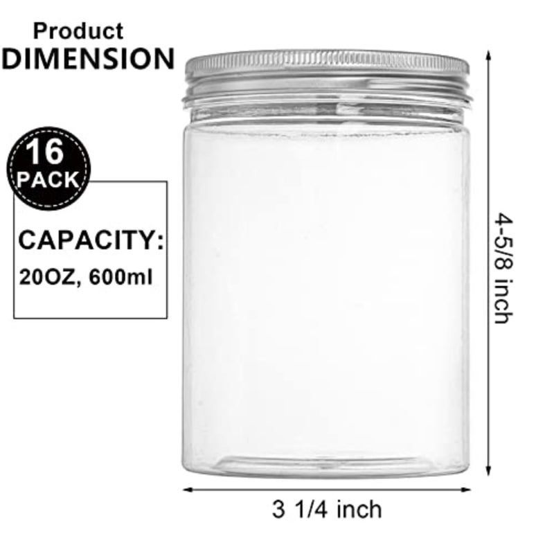 Tebery 16 Pack Clear Plastic Jars Bottles Containers with Silver Ribbed Lids 20oz Straight Cylinders Storage Canisters for Food and Home Storage - Image 2