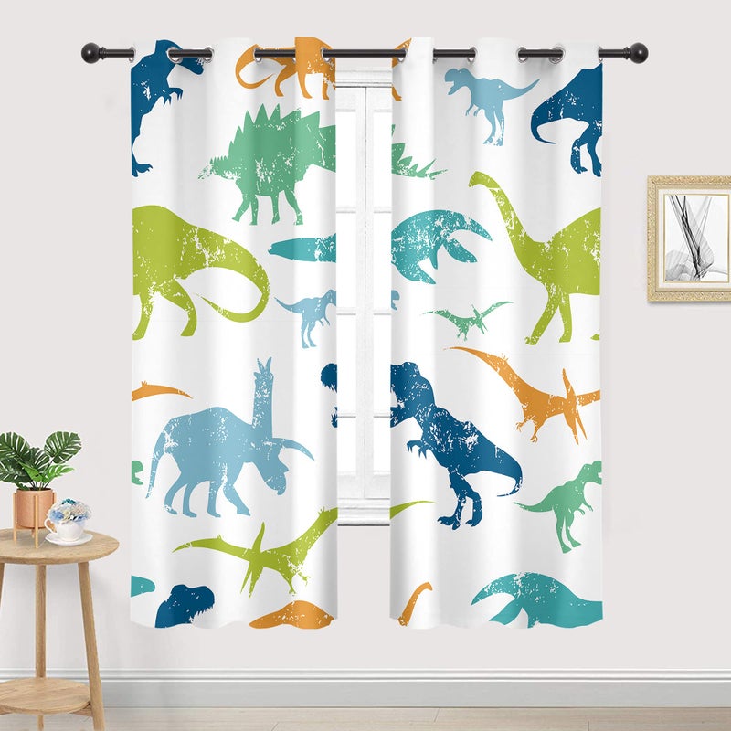 Cinbloo Boys Dinosaur Blockout Curtains 29W x 63L Inch Grommet 2 Panels Cartoon Dino for Kids Bedroom Decor Children Nursery Cute Funny Colorful Safari Animal Art Printed Living Room Window Drapes - Image 1