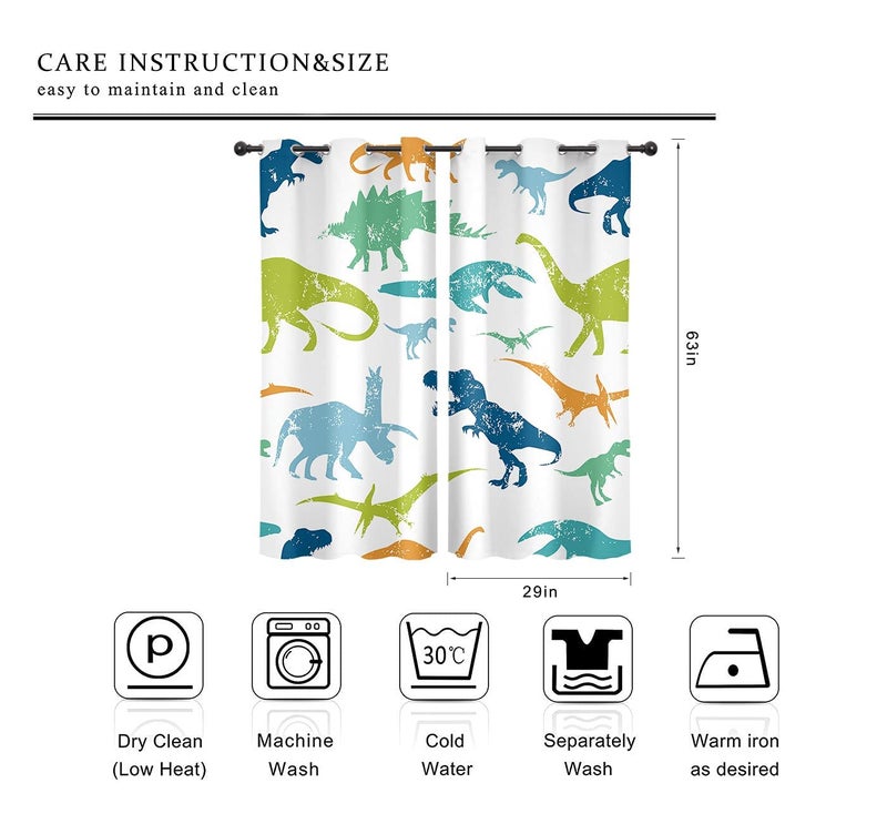 Cinbloo Boys Dinosaur Blockout Curtains 29W x 63L Inch Grommet 2 Panels Cartoon Dino for Kids Bedroom Decor Children Nursery Cute Funny Colorful Safari Animal Art Printed Living Room Window Drapes - Image 3