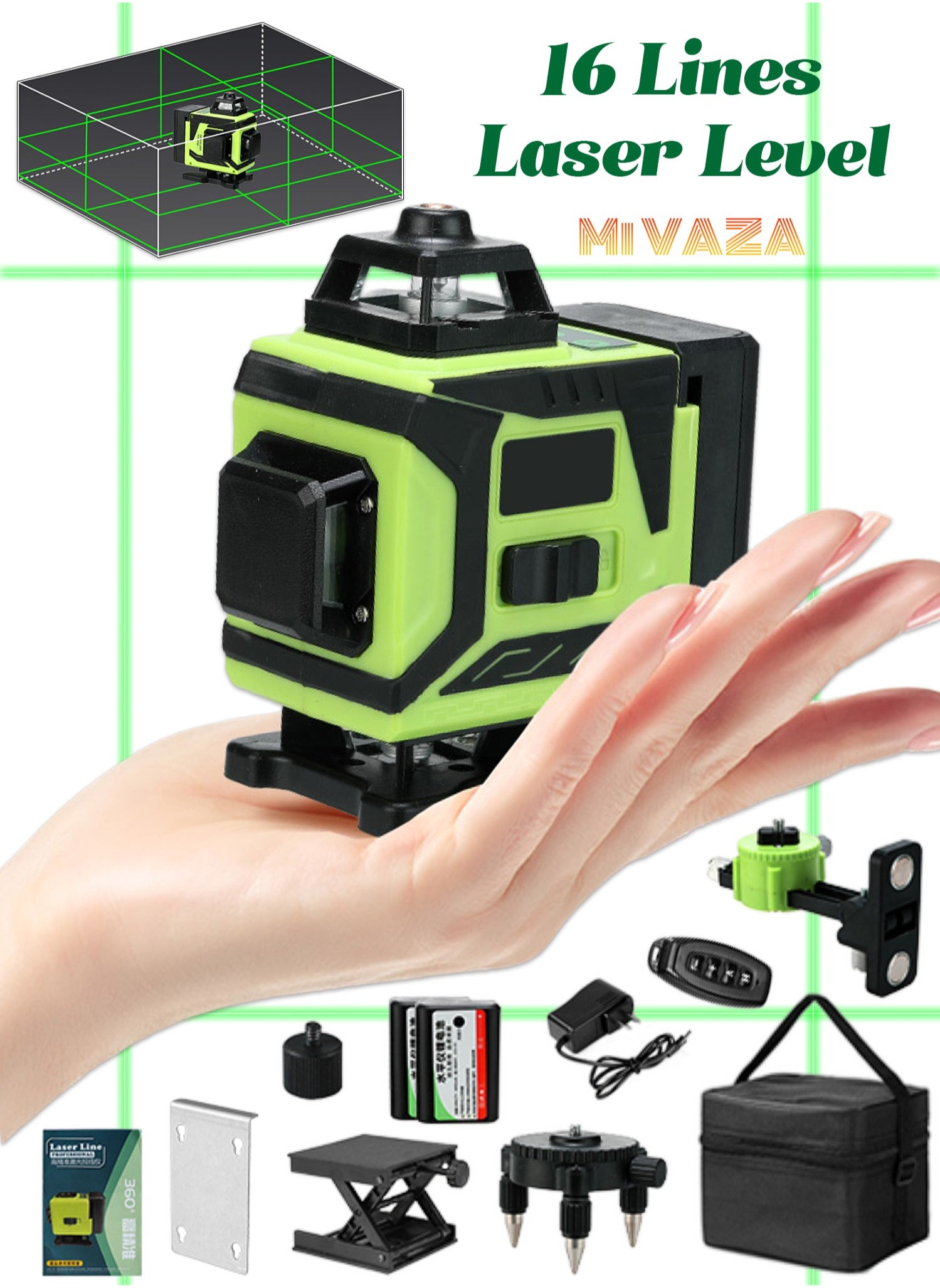 16 Lines 4D High Precision Laser Level - 4x360° Self-Leveling - IP54 - Portable Cordless Level with 2 Batteries, Remote Control, Lifting Platform, Storage Bag - Layout Tool 